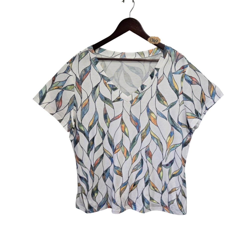 Stained Glass Leaf Print V-Neck Short Sleeve Top White Multi Color Artistic Tee‎